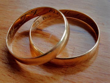 wedding rings on table surface